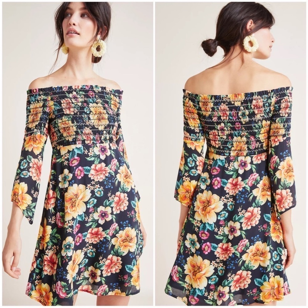 Farm Rio x Anthropologie Sasha Off-Shoulder Flroal Smocked Dress New Size Small